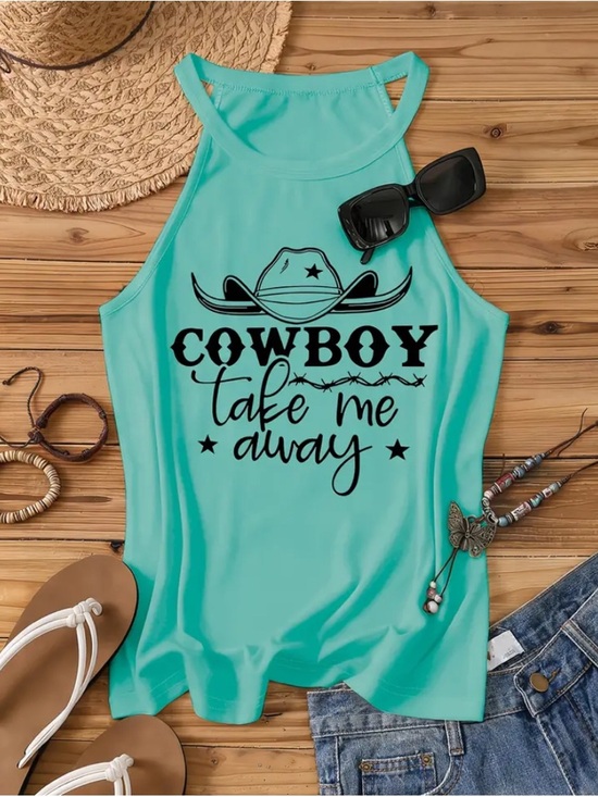 None Tops - WESTERN Turquoise Halter Tank Graphic Print 'Cowboy Take Me Away'